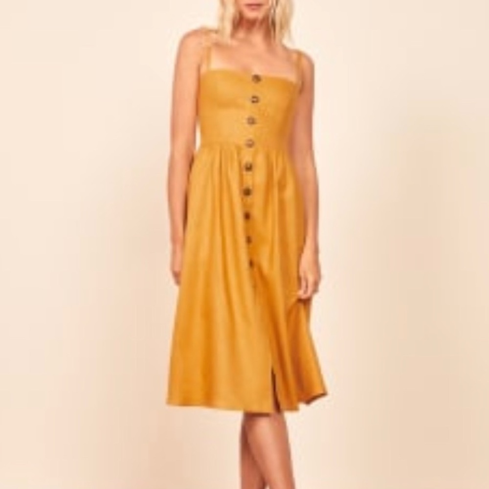 Reformation Dress-  Tori Linen Midi Dress in Ochre